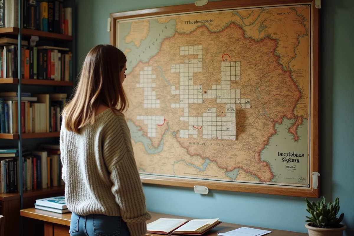 Femme étudiant une carte de Belgique avec une grille de mots croisés pour trouver des villes à quatre lettres