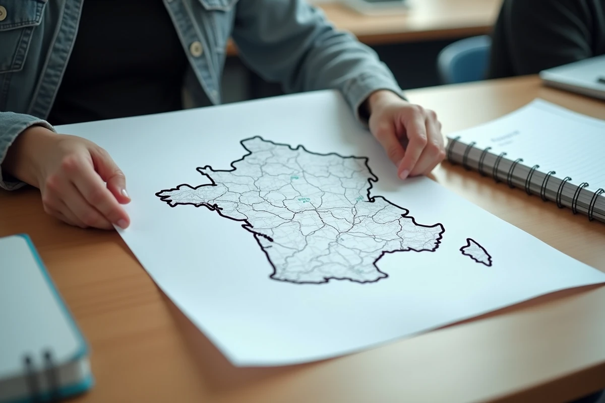 Mains d'étudiant tenant une carte de France vierge format A3 imprimée sur une table scolaire