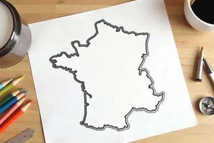 Carte de France vierge imprimée sur feuille A4 posée sur un bureau en bois avec des crayons de couleur