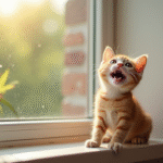 Petit chaton ginger regardant vers le haut sur une fenêtre