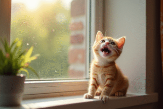 Petit chaton ginger regardant vers le haut sur une fenêtre