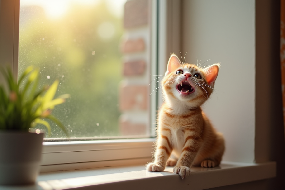 Petit chaton ginger regardant vers le haut sur une fenêtre