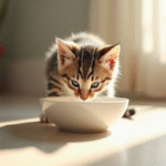 Chaton tacheté mangeant dans une cuisine lumineuse
