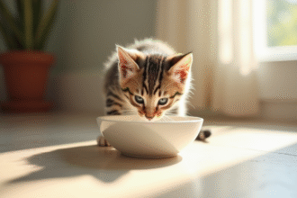Chaton tacheté mangeant dans une cuisine lumineuse