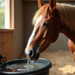 Cheval buvant de leau dans un box en lumière naturelle