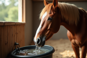 Cheval buvant de leau dans un box en lumière naturelle