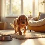 Chiot cocker spaniel explorant un salon ensoleille