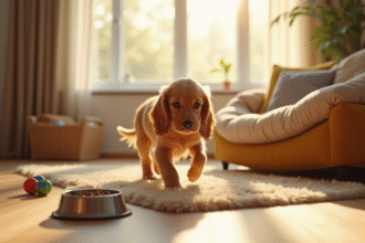 Chiot cocker spaniel explorant un salon ensoleille