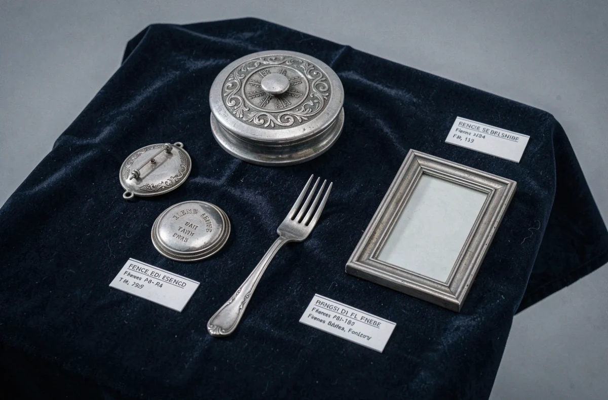 Collection d'objets en argent poinçonnés disposés sur velours pour identification et documentation des marques