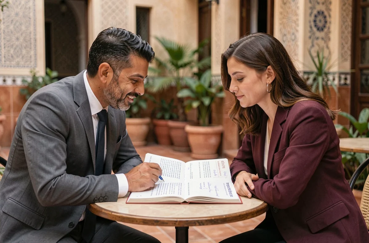 Deux collègues travaillant ensemble sur la traduction marocain-français d'un vocabulaire professionnel lors d'une pause à Casablanca