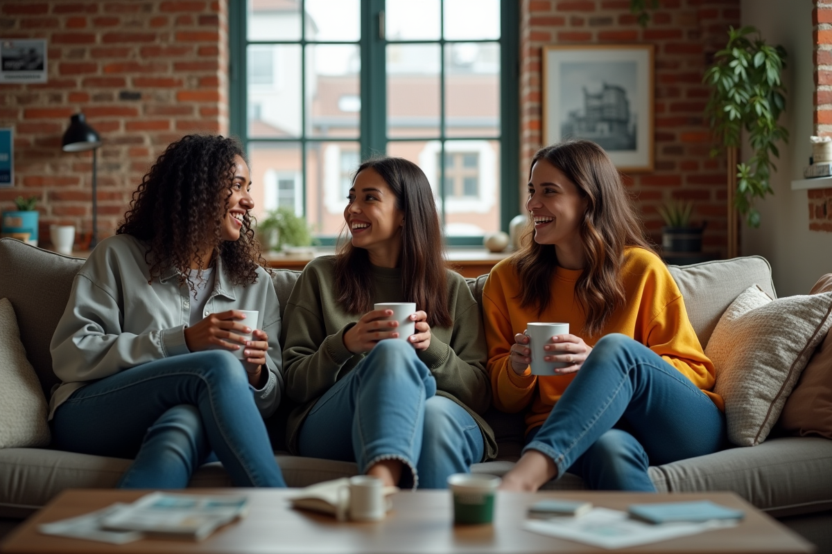 Trois colocataires discutant dans un salon urbain