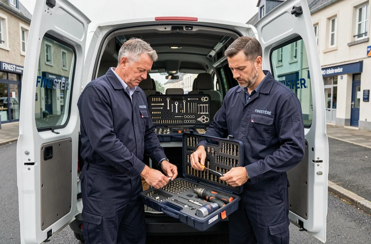 Deux serruriers de la Compagnie des Serruriers Finistère organisant leur équipement professionnel à l'arrière d'un fourgon