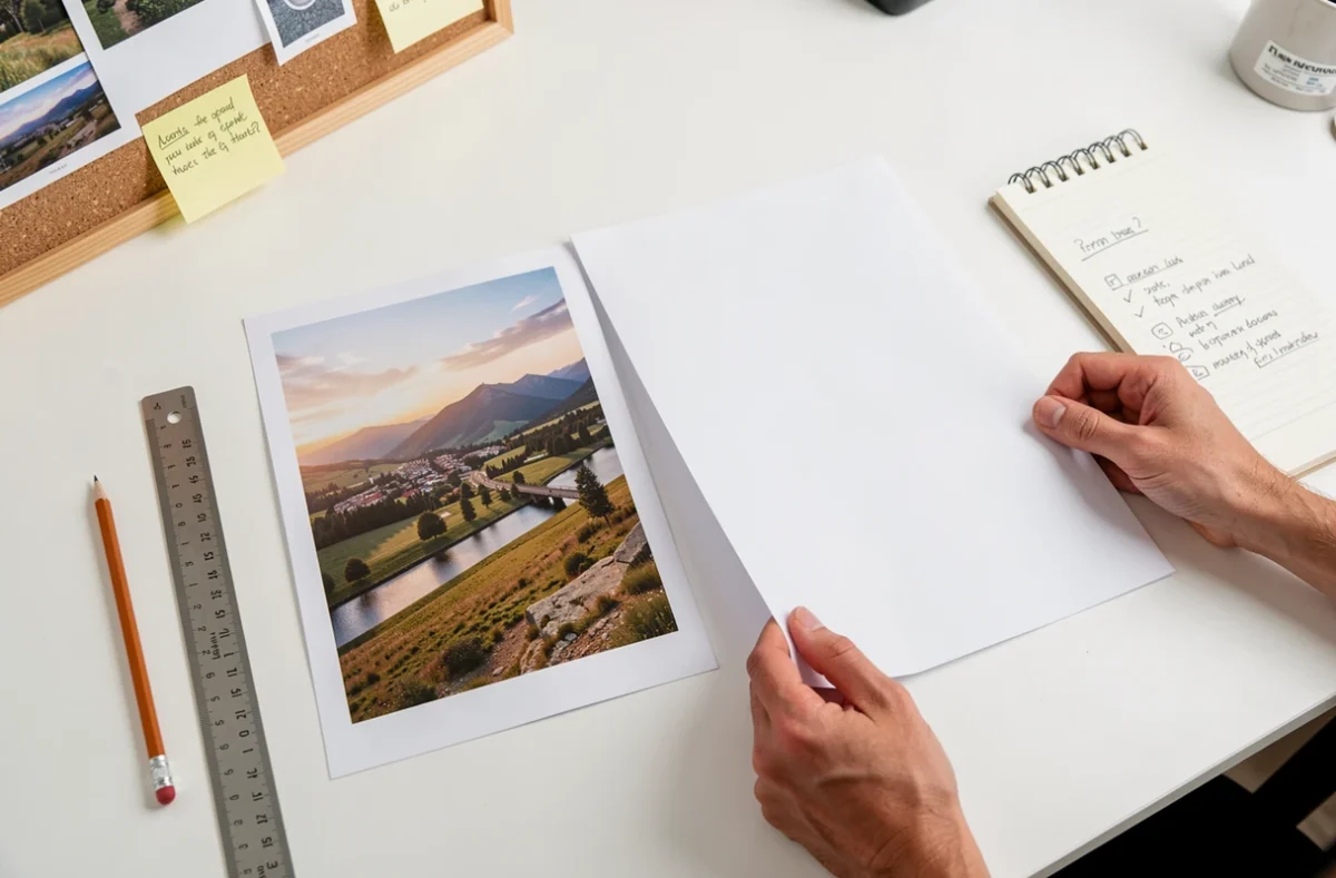 Vue aérienne comparant les dimensions d'une photo paysage et d'une feuille A4 sur un bureau de designer