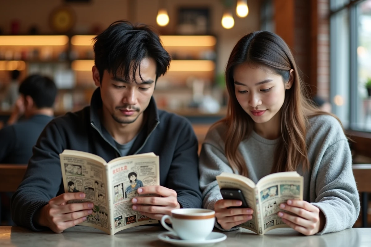 Deux adultes comparant la lecture de manga en version papier et numérique dans un café urbain