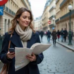 Femme consultant une carte et un smartphone devant une entrée de métro parisien avec immeubles haussmanniens en arrière-plan, illustrant la comparaison des zones tarifaires Paris 1 à 3 en 2026