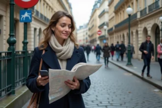 Femme consultant une carte et un smartphone devant une entrée de métro parisien avec immeubles haussmanniens en arrière-plan, illustrant la comparaison des zones tarifaires Paris 1 à 3 en 2026