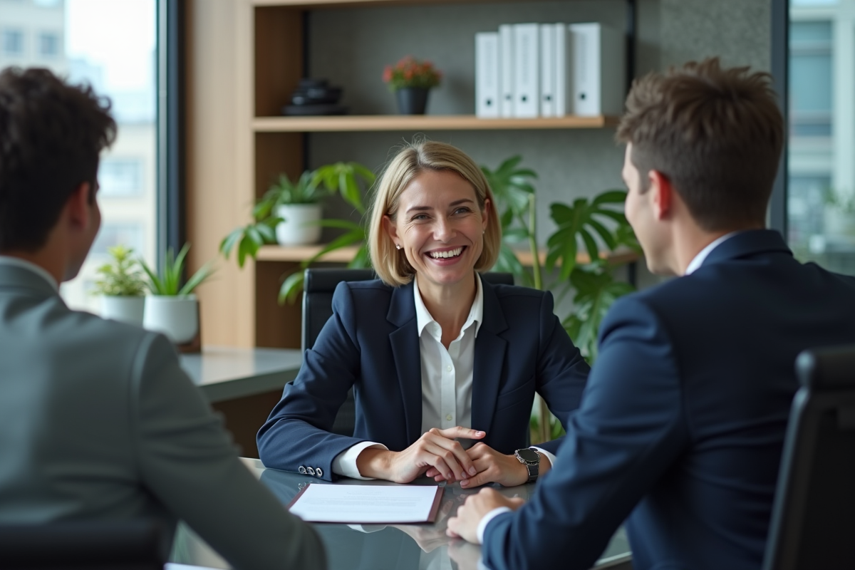 Conseillère en prêt immobilier expliquant des options à un jeune couple