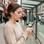 Jeune femme consultant l'horaire de la ligne 378 en temps réel sur son smartphone à un arrêt de bus