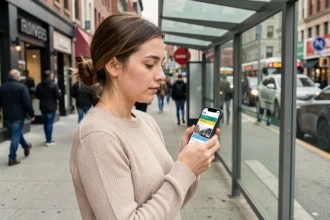 Jeune femme consultant l'horaire de la ligne 378 en temps réel sur son smartphone à un arrêt de bus