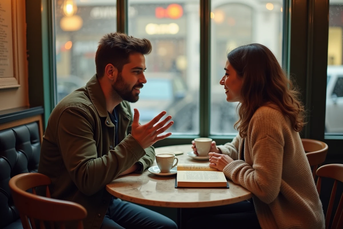 Deux personnes discutant de grammaire française informelle dans un café parisien avec un dictionnaire ouvert