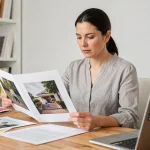 Femme comparant une photo format paysage et un tirage A4 portrait sur un bureau de studio photo