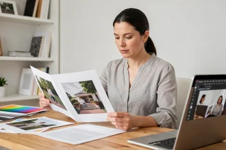 Femme comparant une photo format paysage et un tirage A4 portrait sur un bureau de studio photo