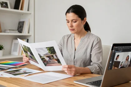 Femme comparant une photo format paysage et un tirage A4 portrait sur un bureau de studio photo