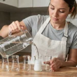 Femme versant un litre d'eau dans des contenants de 100ml sur un plan de travail en bois pour illustrer la conversion litre en millilitres