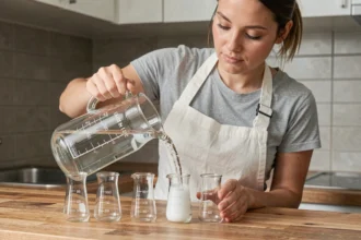 Femme versant un litre d'eau dans des contenants de 100ml sur un plan de travail en bois pour illustrer la conversion litre en millilitres