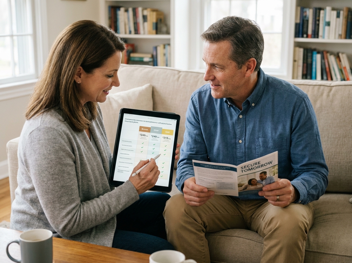 Couple comparant des offres de mutuelle santé sur une tablette dans leur salon