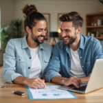 Couple souriant examinant des documents immobiliers à la maison