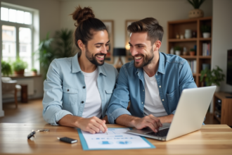 Couple souriant examinant des documents immobiliers à la maison