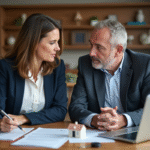 Couple discutant de finances avec papiers et clés à la maison