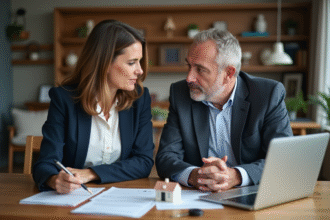 Couple discutant de finances avec papiers et clés à la maison