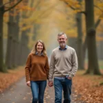 Couple d'adultes dans la forêt en automne partageant un sourire