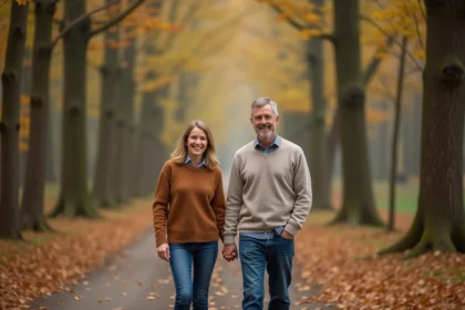 Couple d'adultes dans la forêt en automne partageant un sourire