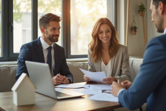 Couple bien habille en reunion avec agent immobilier