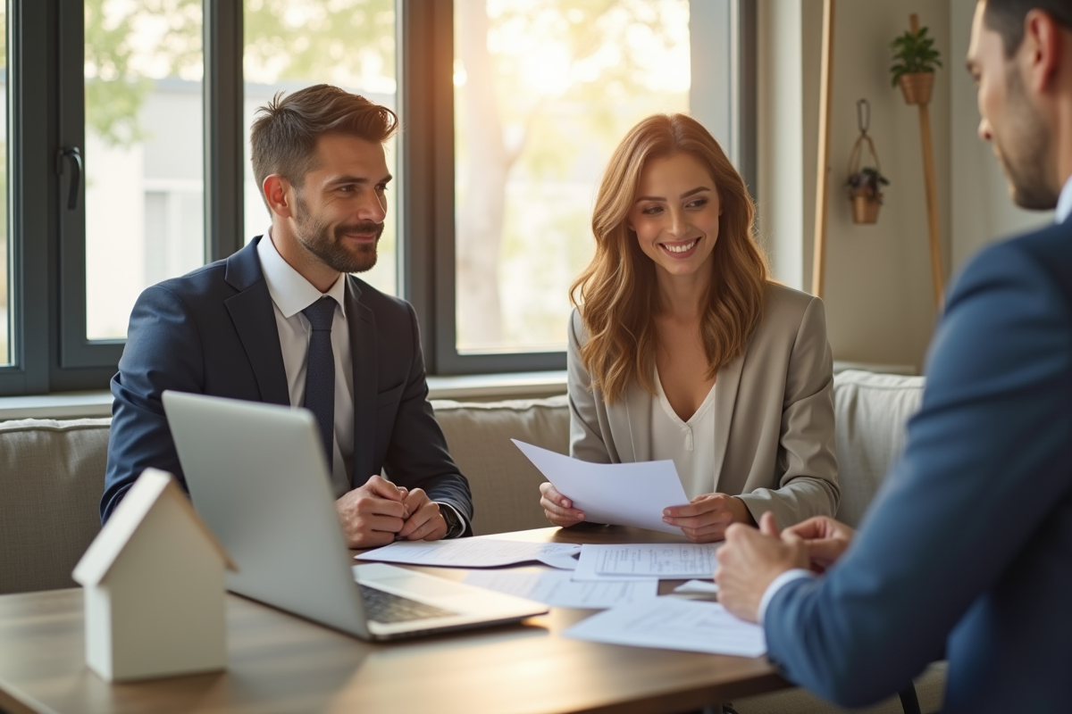Couple bien habille en reunion avec agent immobilier