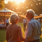 Couple âgé souriant lors d'une fête dans un jardin en plein air