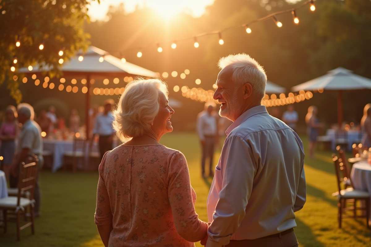 Couple âgé souriant lors d'une fête dans un jardin en plein air