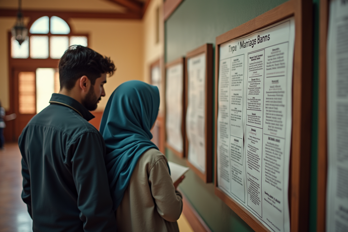 Couple lisant les annonces de mariage dans un centre communautaire