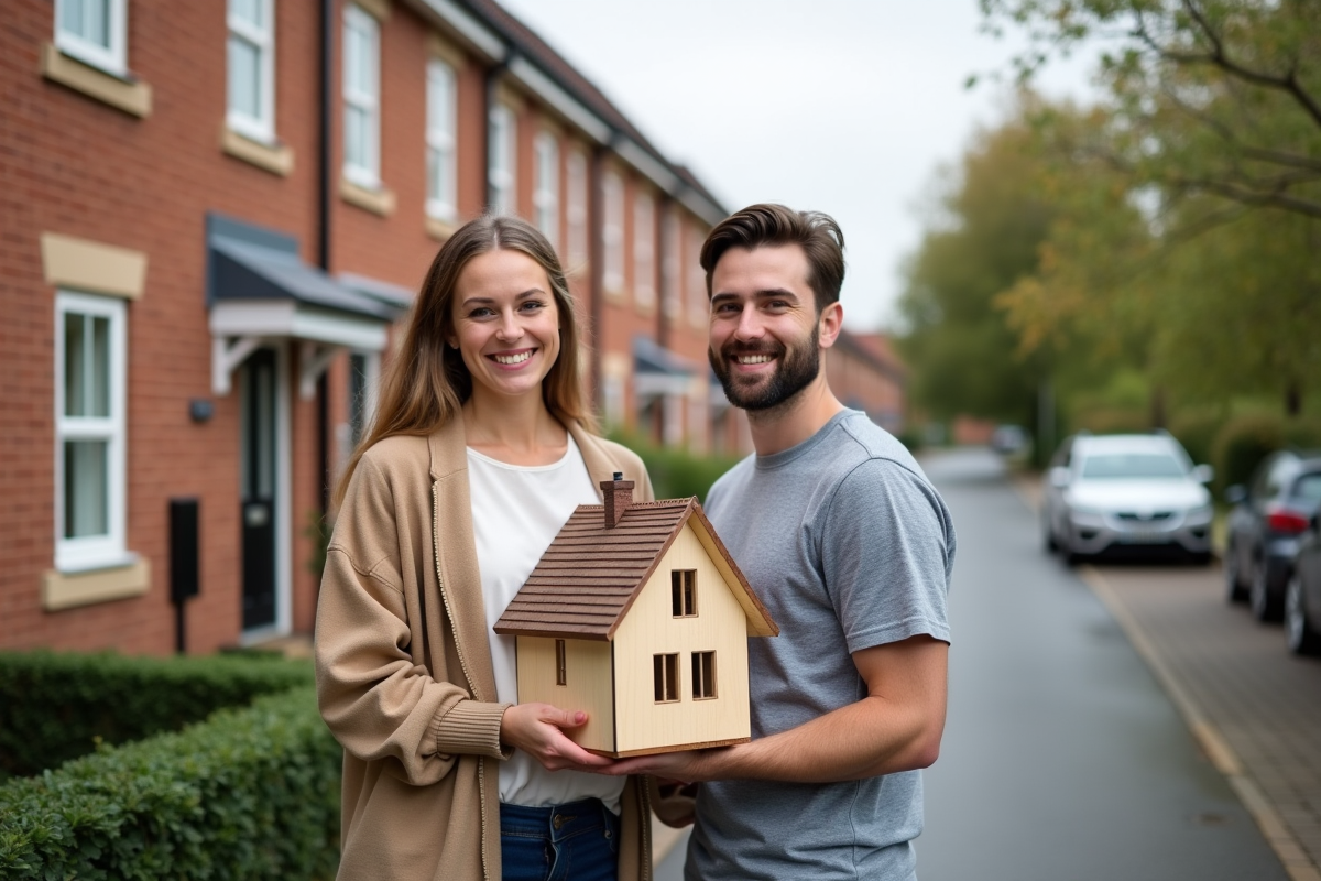 Jeune couple souriant tenant une maquette de maison devant leur nouvelle maison