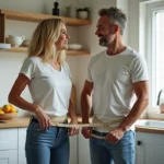 Couple mesurant leur tour de taille dans une cuisine moderne