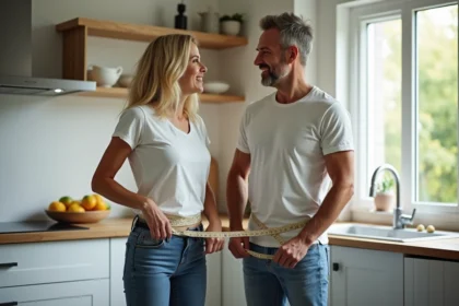 Couple mesurant leur tour de taille dans une cuisine moderne