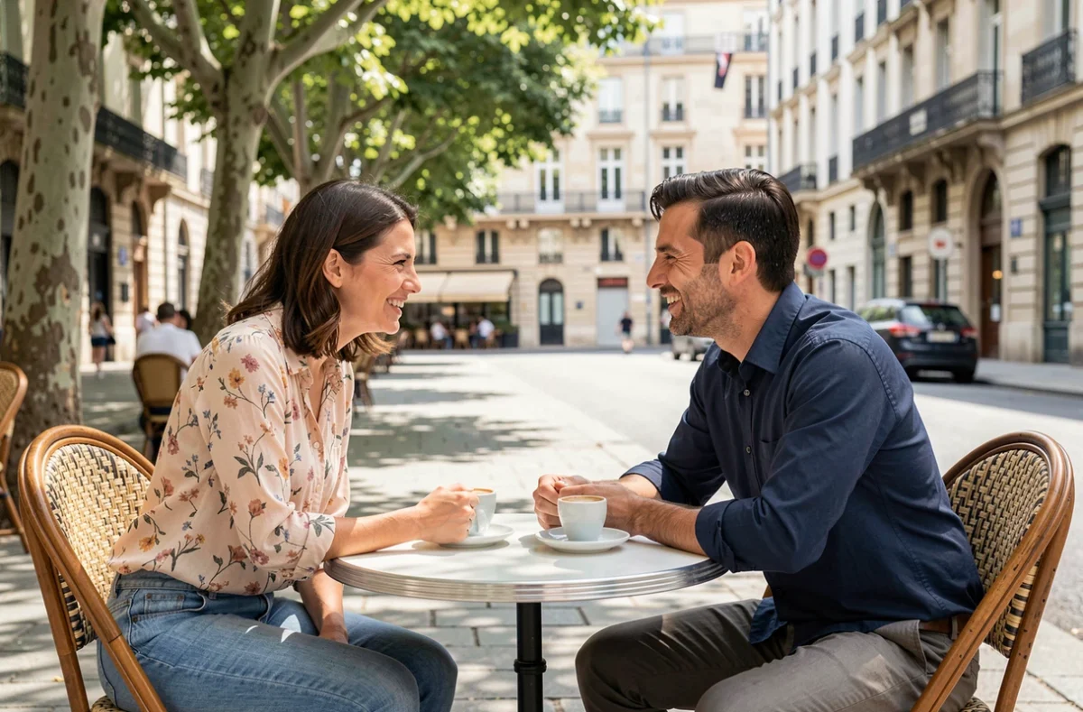 Couple se rencontrant pour la première fois lors d'un premier rendez-vous sur une terrasse de café en France grâce à un site de rencontre gratuit