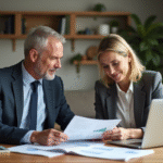 Couple d'adultes examinant des documents financiers à la maison