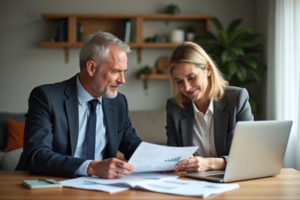 Couple d'adultes examinant des documents financiers à la maison