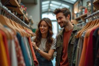 Jeune couple souriant dans une boutique vintage en France