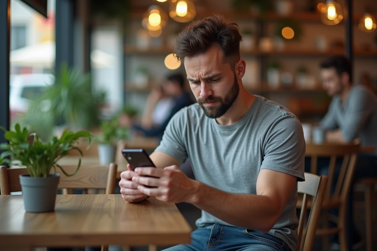 Homme créateur de contenu numérique frustré regardant son téléphone dans un café, illustrant les préoccupations liées aux plateformes de diffusion non autorisée