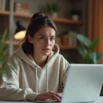 Créatrice de contenu inquiète devant son ordinateur portable à son bureau à domicile, exprimant une préoccupation face aux fuites de contenu sur internet